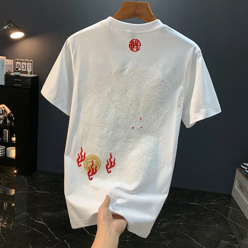 Chiński haft Loong z nadrukiem T-shirt z krótkim rękawem męski 2025 letni luźny, swobodny fason w stylu narodowym top w stylu retro