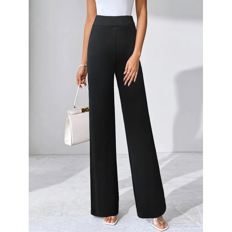 2025 Modern Classy Wide Leg Trousers Women Elastic Waist Stretchy Slimming Black Daily Office Trousers 