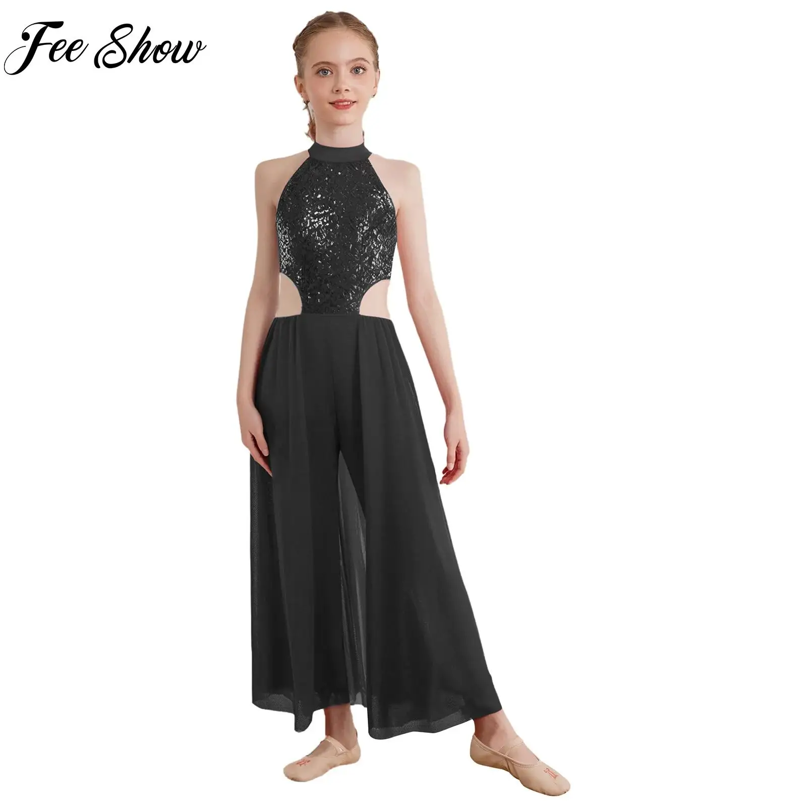 

Kids Girls Lyrical Contemporary Dance Costume Halter Sleeveless Shiny Sequins Skirted Jumpsuit Latin Jazz Figure Skating Costume