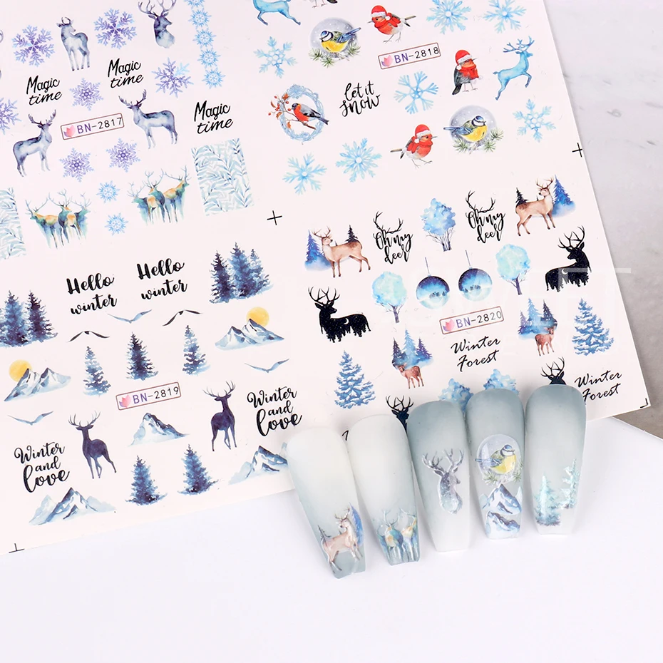 12Designs Christmas Nail Water Stickers Winter Landscape Snowy Tree Deer Watermark Transfer Decal For Nails Decoration Manicure