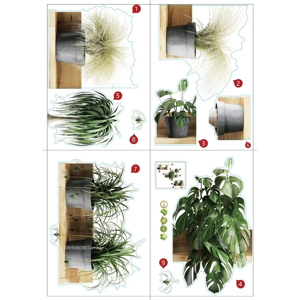 6pcs 3D Vinyl Bonsai Wall Stickers Tropical Green Plant Rose Tulip Wallpaper Modern Tile Wall Sticker Mural for Home Room Decor
