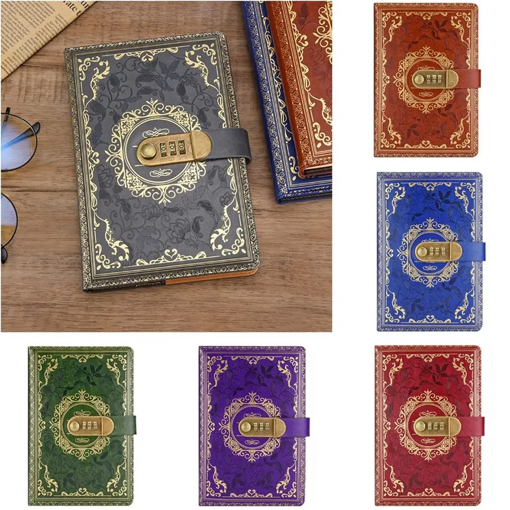 

PU Leather A5 Journal Notebook Combination Lock Embossed Design Lockable Secrets Journal Hard Cover Ruled Lined Paper