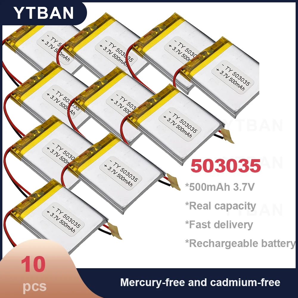 10PCS 503035 3.7V 500mAh Long-lasting Rechargeable Polymer Li-ion Battery for DVD Navigation GPS Medical Equipment Coal Miner