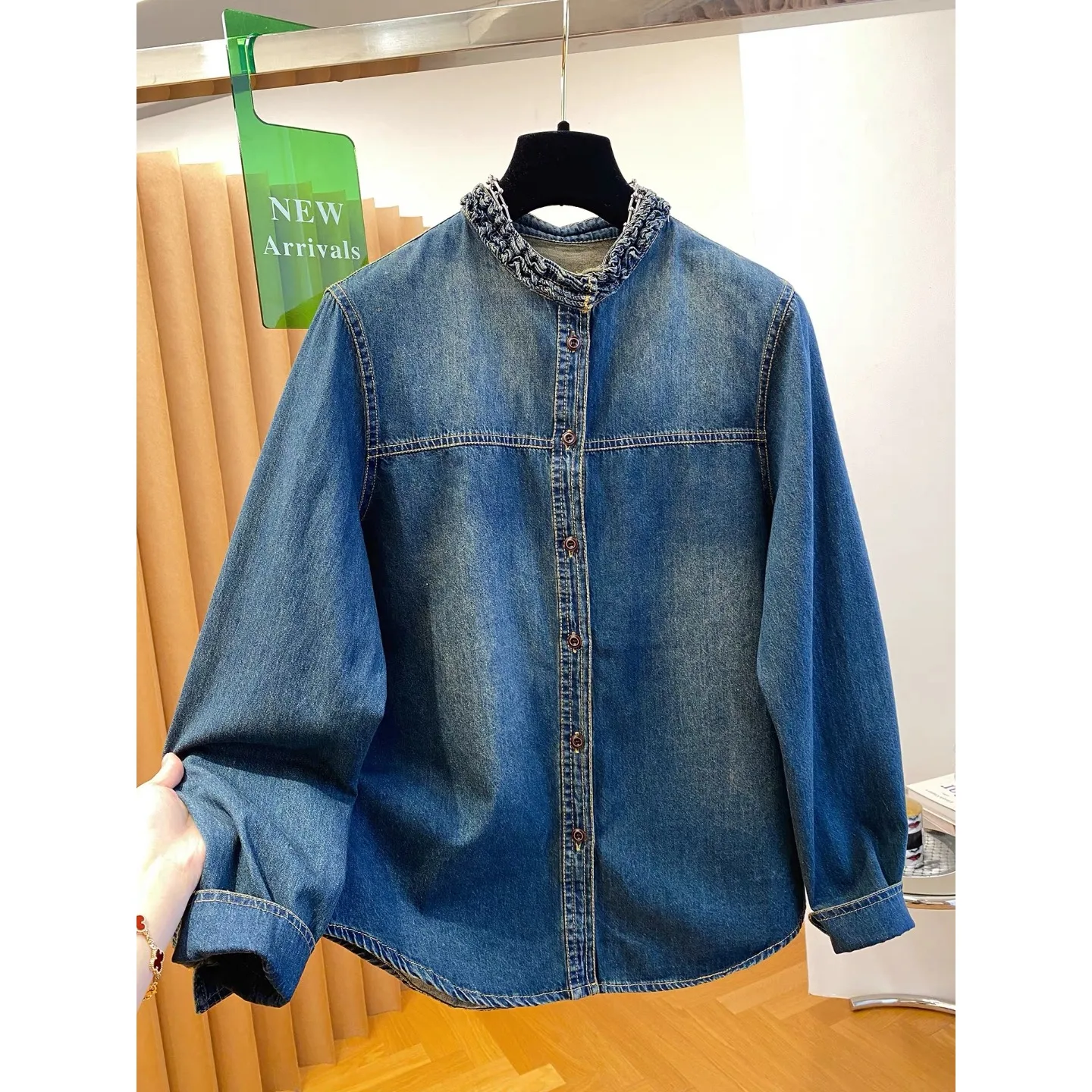 

plus Size Women's Faionable round Ne Single Buttoned Denim irt Spring Autumn New Sle Casual Versatile Long Sve Top