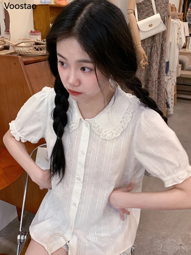 Japanese White Peter Pan Collar Shirts Women Cute Lolita Style Puff Sleeve Blouses Girly Harajuku Kawaii JK Shirts Blusas Mujer