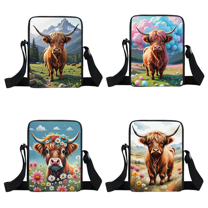 Scottish Highland Cows Print Crossbody Bag Highland Cow Sunflower Women Handbag Key Money Phone Holder Messager Shoulder Bag