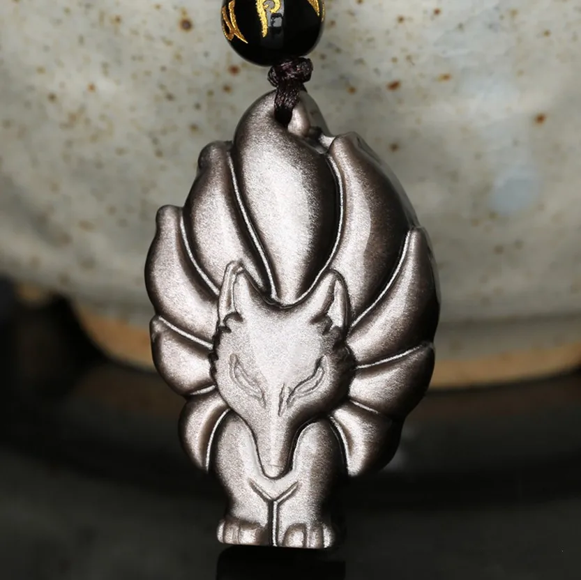 Natural Silver Obsidian Nine Tailed Fox Immortal Pendant for Women's Attractive Peach Blossom Marriage Charm