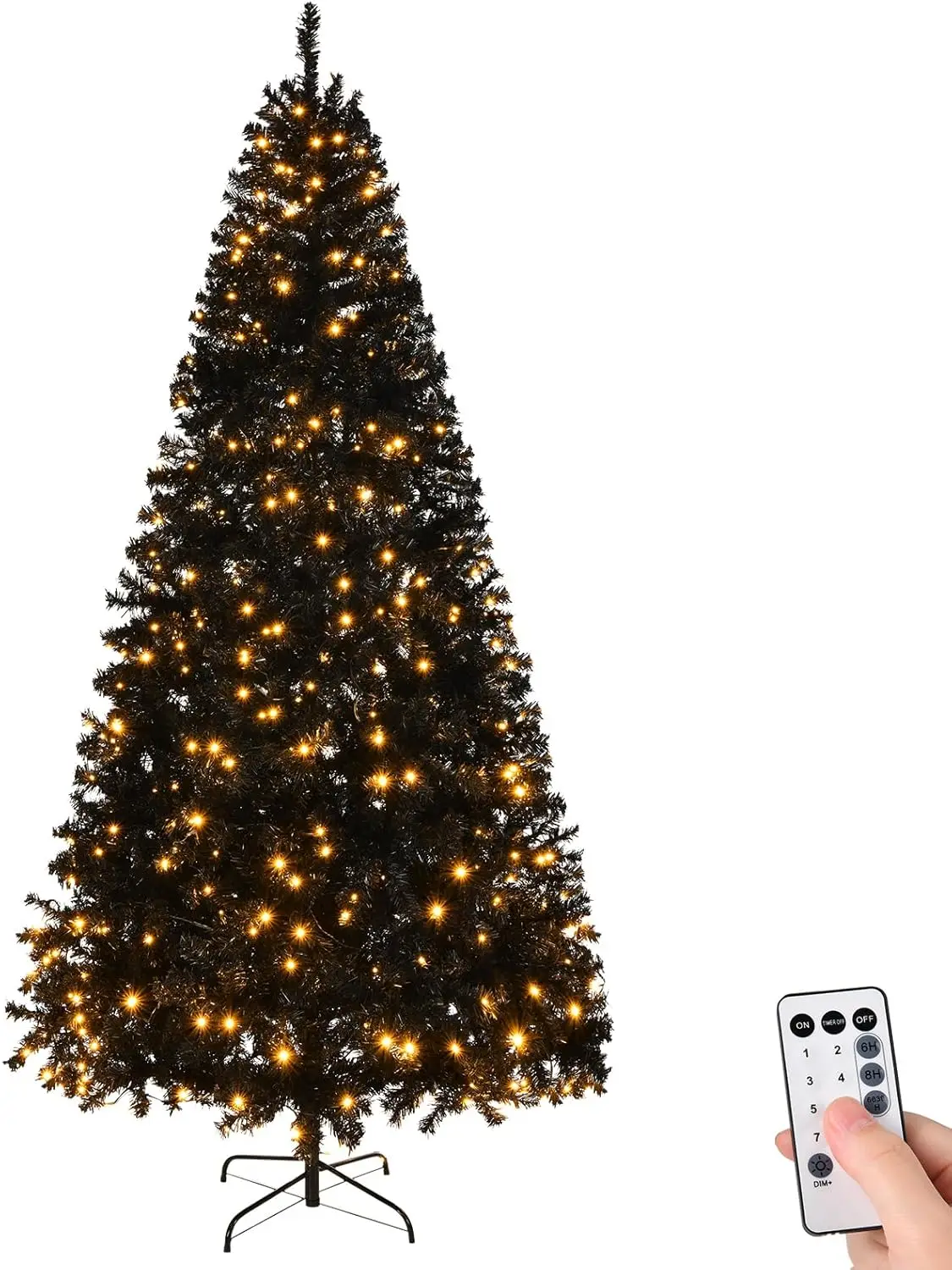 

8ft Black Artificial Christmas Pine Tree with 550 Warm LED Lights, Pre-Lit Xmas Tree with 1450 Full Branch Tips, Sturdy