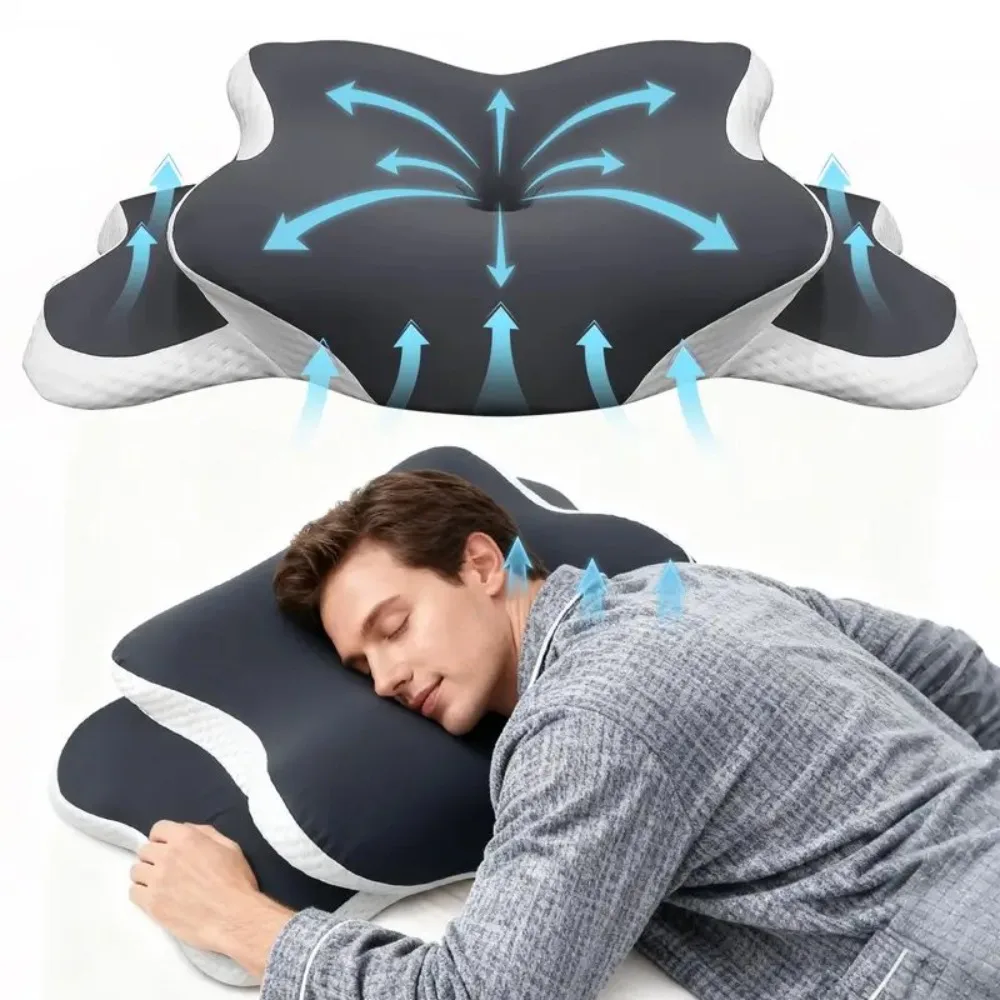 Oreiller de protection du cou en forme de papillon, 1 pièce, design ergonomique, taie d'oreiller amovible, réglable pour deux hauteurs.