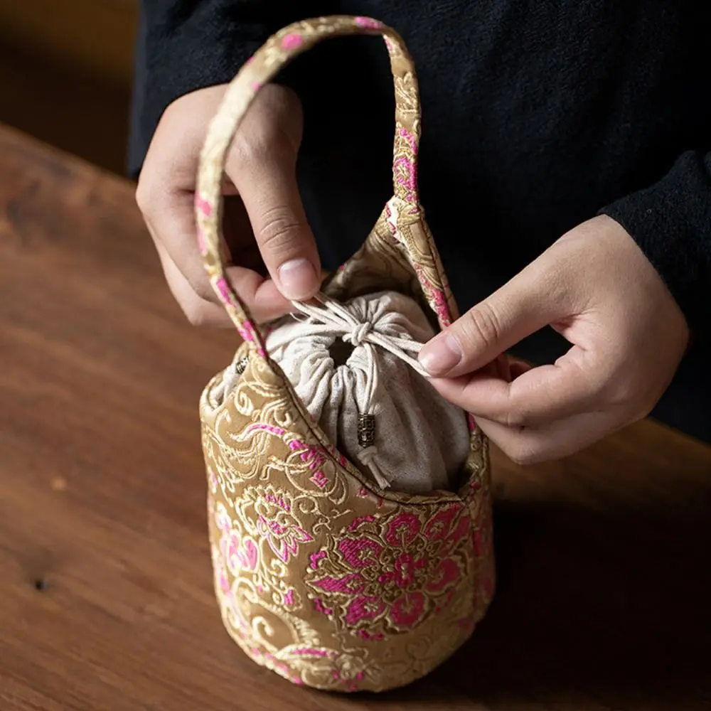 Chinese Stijl Geborduurde Handtas Bloemenprint Handtas Theegereedschap Opbergtas Effen Kleur Klein Item Zakje