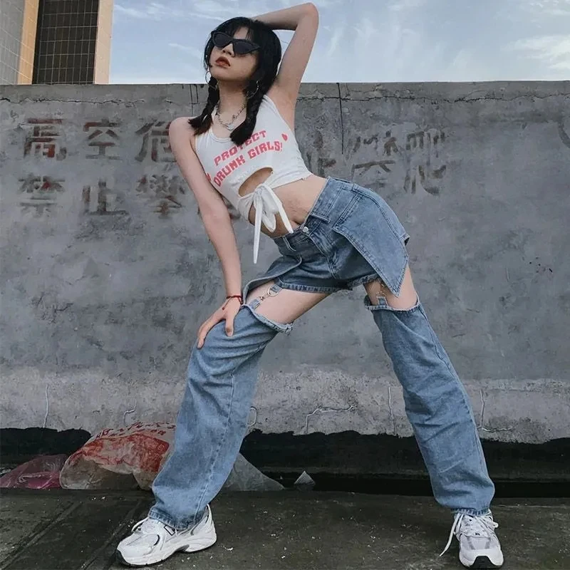 Disassembled Pants Women Jeans High Street Waisted Vintage Hip Hop Hole Woman Streetwear Casual Straight Baggy Women Jean