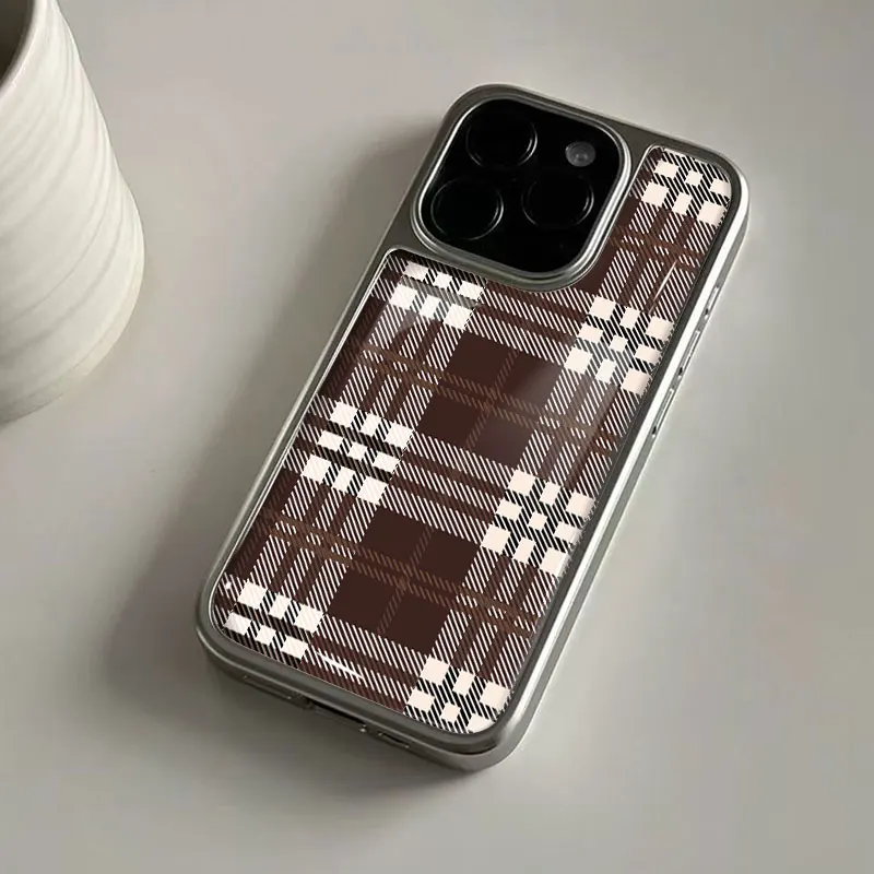 メイラード風チェック柄iPhone11/12/13/14/15/16/17 Pro Max AIR PLUS用エポキシ樹脂製TPU耐衝撃スマホケース