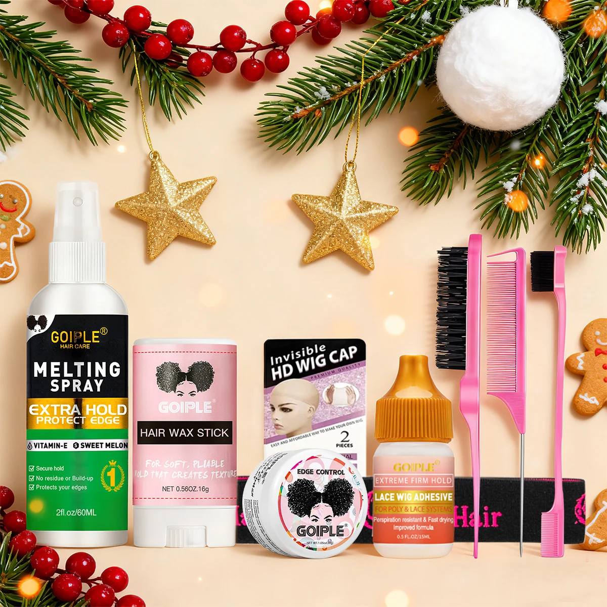 Christmas Lace Wig Styling Small Size Set Invisible Waterproofing Wig Adhesive Melting Spray & Smooth Wax Stick Edge Control Gel