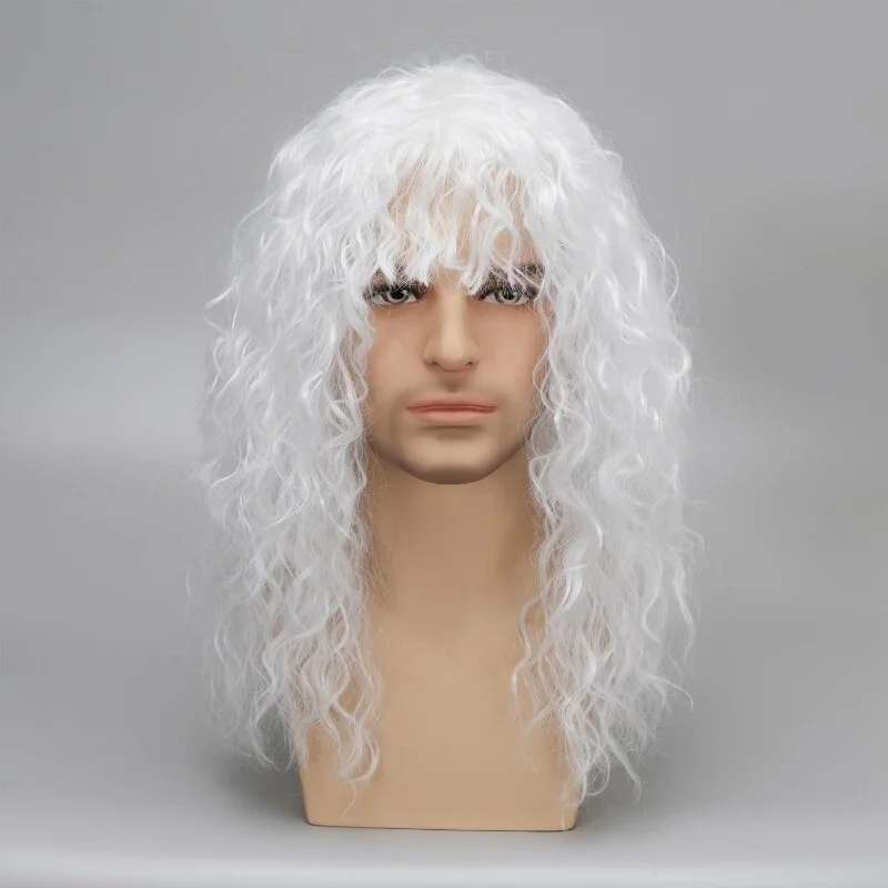 

Men's White Man's Long Curly Wavy Black Synthetic Full Wig