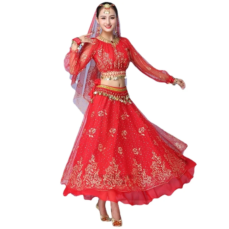 Women Indian Dance Sari Belly Dance Adult Bollywood Dress Costume Outfit Performance Clothes Chiffon Long Sleeve Top Belt Skirt