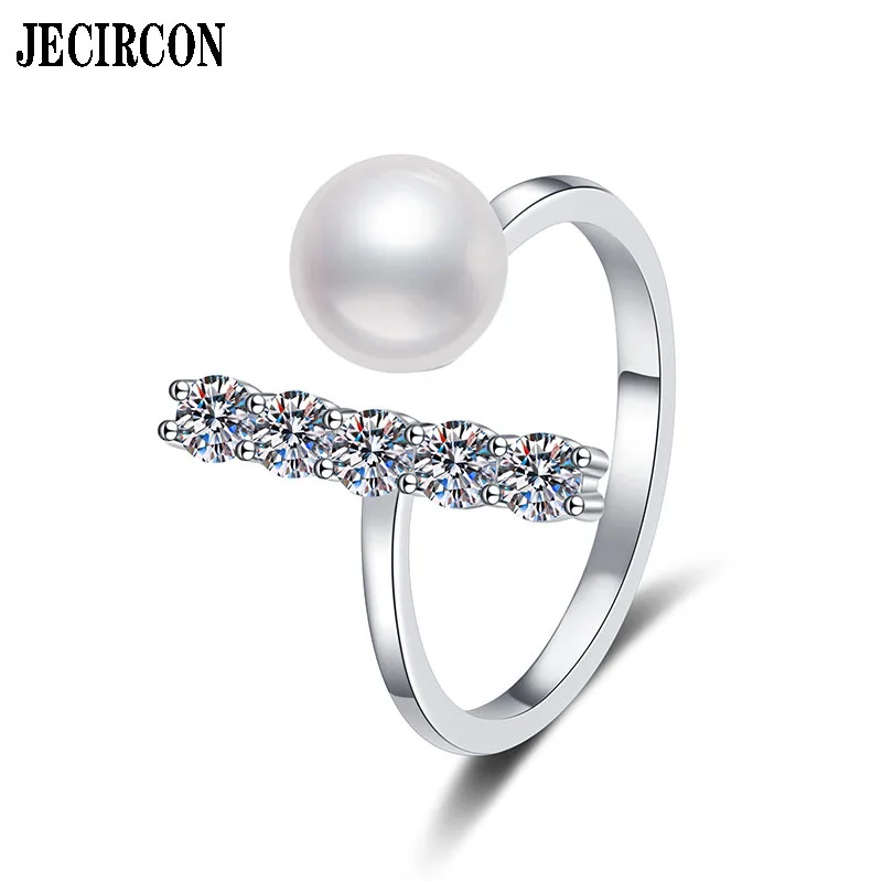 JECIRCON S925 Sterling Silver Ring for Women Full Moissanite 8mm Natural Freshwater Pearl Ring Small Fragrant Style Fine Jewelry