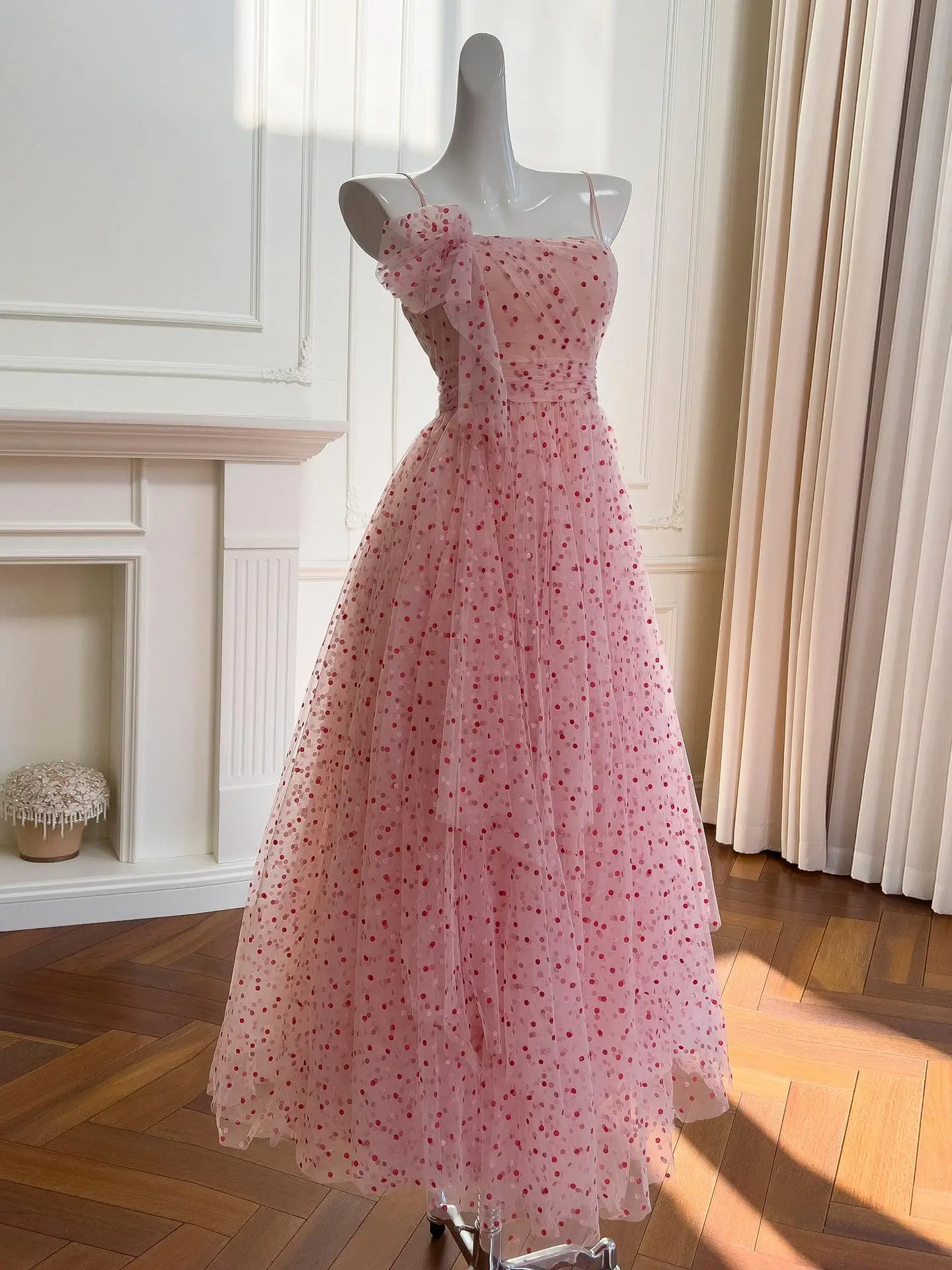 Vestido largo de tul rosa dulce Ele Strapl Dr, tela de mezcla de lana bordada de cintura alta, temporada de otoño, Faion Ladies Dr