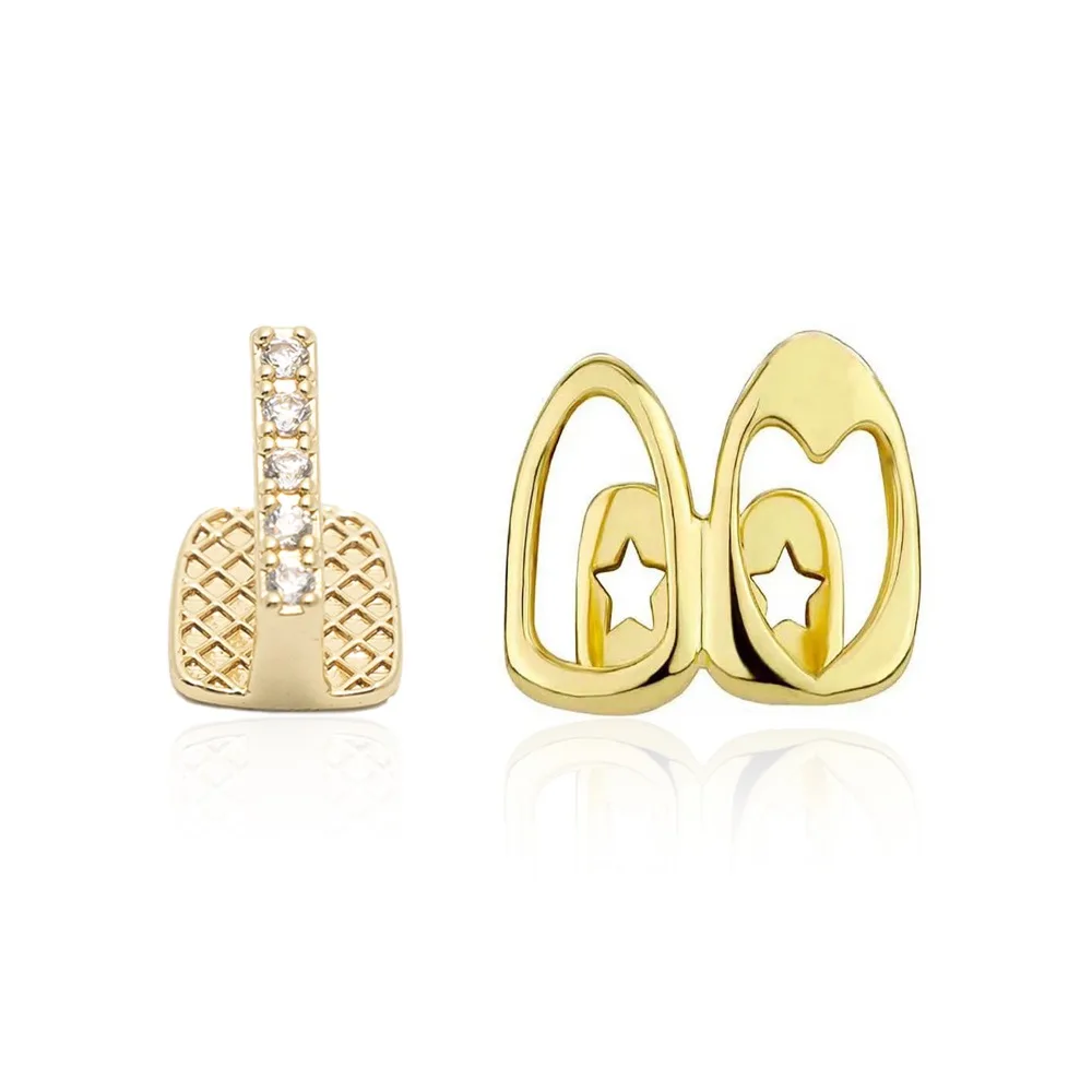 2pcs Set Hip-hop Gold Color Hollowed Hearts Zircon Inlay Stainless Steel Dental Grills for Women Men Teeth Jewelry Accessories image 5