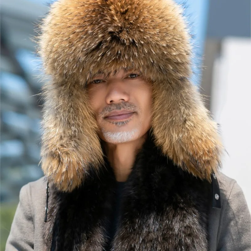 Real fur men's warm ear leather Leifeng outdoor windstorm hat