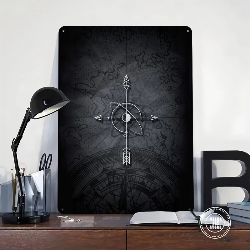 Compass Arrow on Map Tin Poster Customized Wall Art Retro Vintage Metal Signs for Fans Room Apartment Decoration At Home Decor