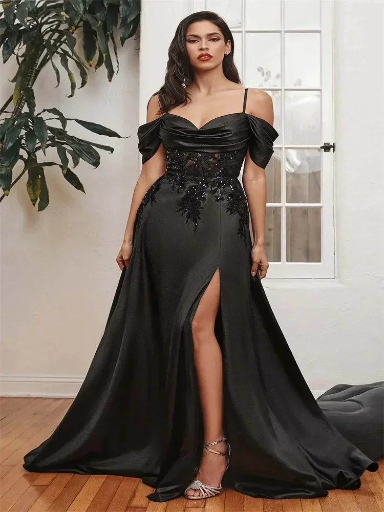 

A-line sexy sleeveless backless Italian shoulder strap sweetheart collar side slit satin applique multicolor party evening dress