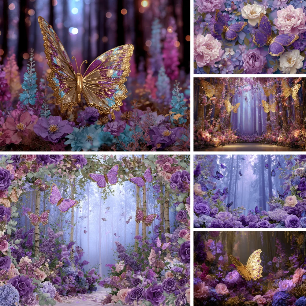 

Photography Background Spring Butterfly Gradient With Colorful Clusters Of Flowers Kids Family Portrait Backdrop Decor