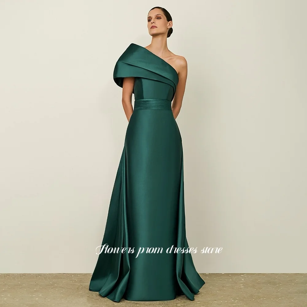 

Flowers One Shoulder Prom Dress A Line Party Dress Pleats Evening Dress Satin Formal Occasion Dress for Women Customized