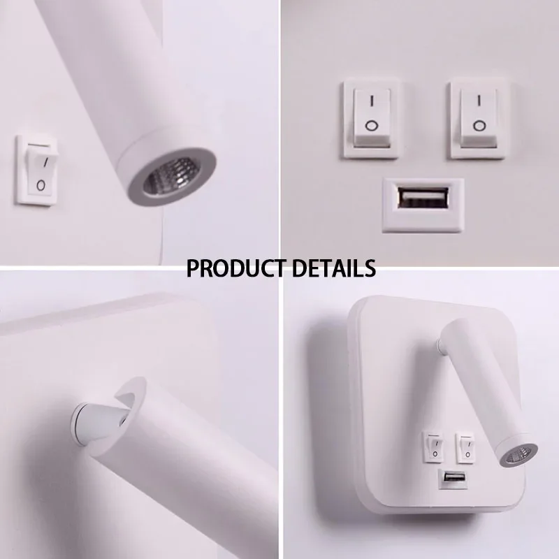 Interruptor de lámpara de pared LED para interiores, luz nocturna de lectura al lado del hogar, decoración de interiores, foco de pared giratorio ajustable con puerto USB