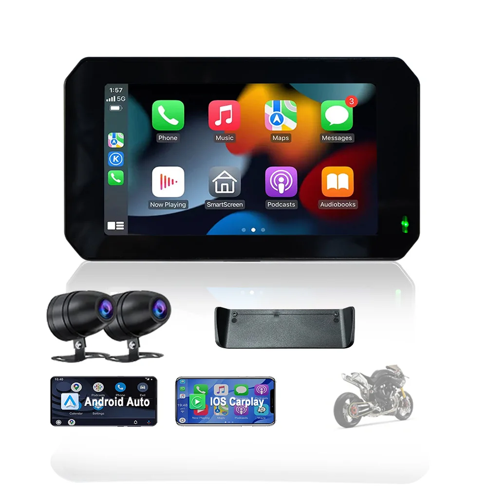 Portable Wireless 5 Inch Motorbike Outdoor GPS Navigation Motorcycle    CarPlay With 2 Channels 1080P DVR Camera