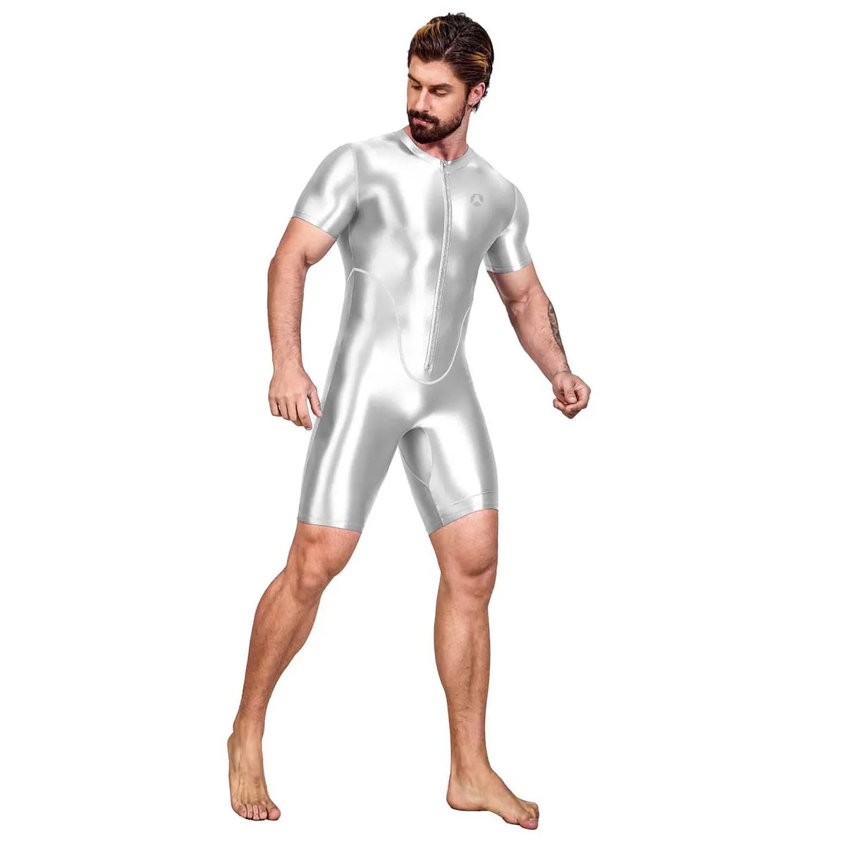 AMORESY الرجال الساتان اللامع قصيرة الأكمام طول الركبة كمال الاجسام ملابس رياضية بذلة ارتداءها رياضية Sweatsuit اللياقة البدنية