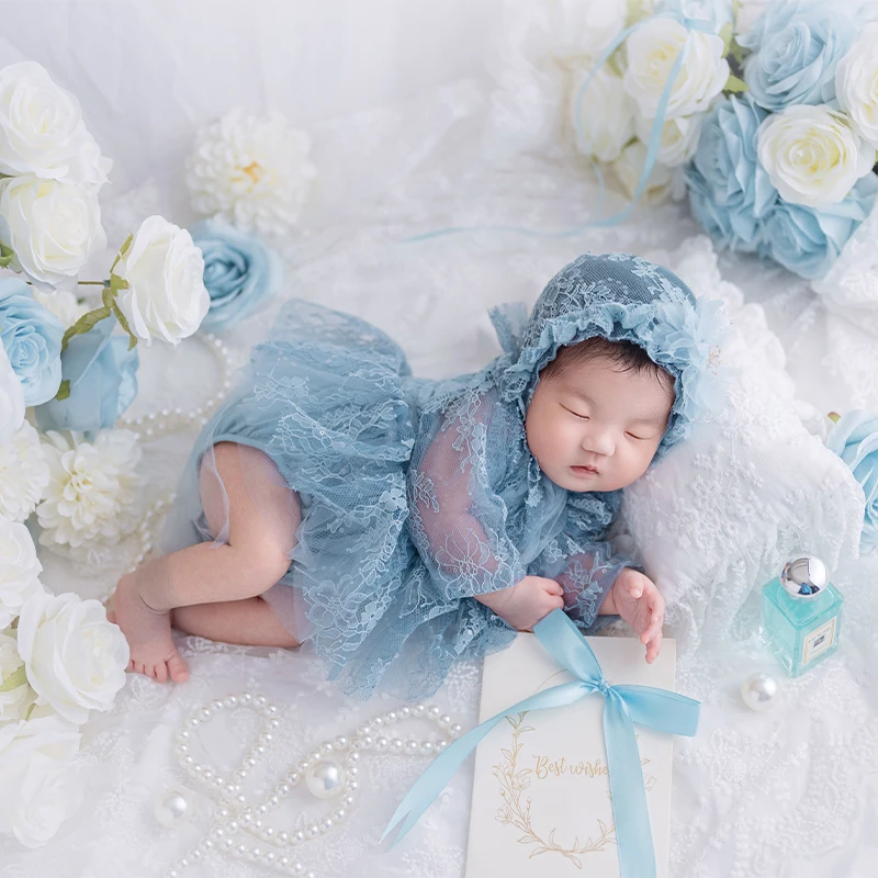Baby Photography Clothes Baby Girl Lace Hat+Posing Pillow+Lace Dress 5pcs/Set Simulated Flower Prop Kid Photoshoot Accessories