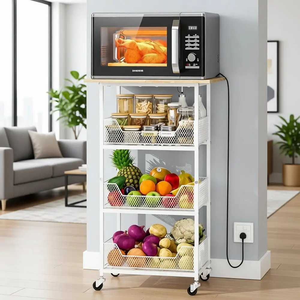 

4-уровневая передвижная тележка для микроволновки с корзинами для фруктов и местом для хранения для кухни, гостиной и ванной комнаты