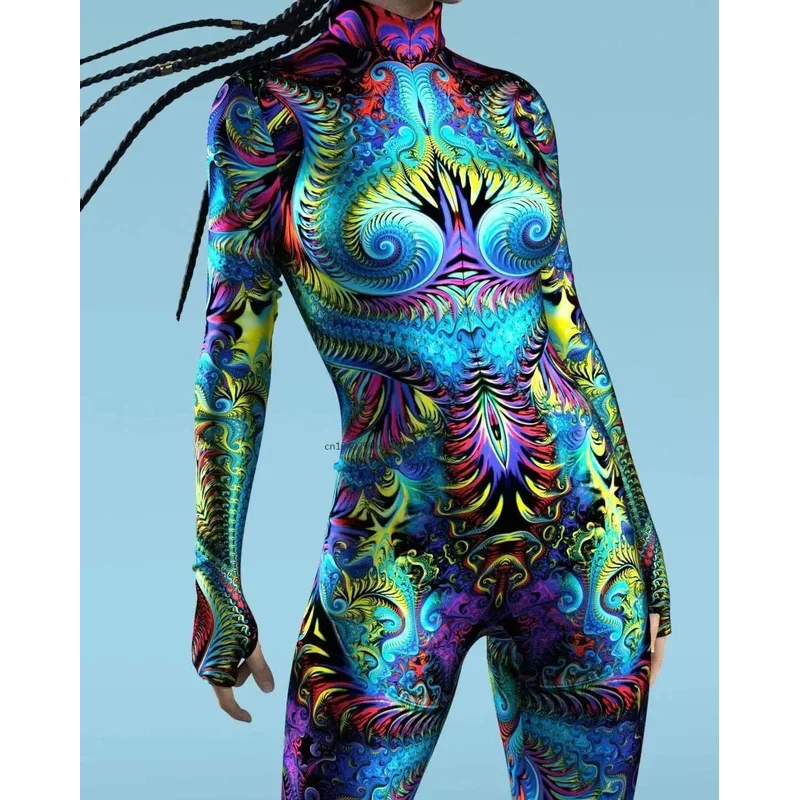 

Colorful 3D Printing CyberPunk Rainbow Jumpsuit Halloween Holiday Party Cosplay Costume Elastic Bodysuits Rompers Women Zentai