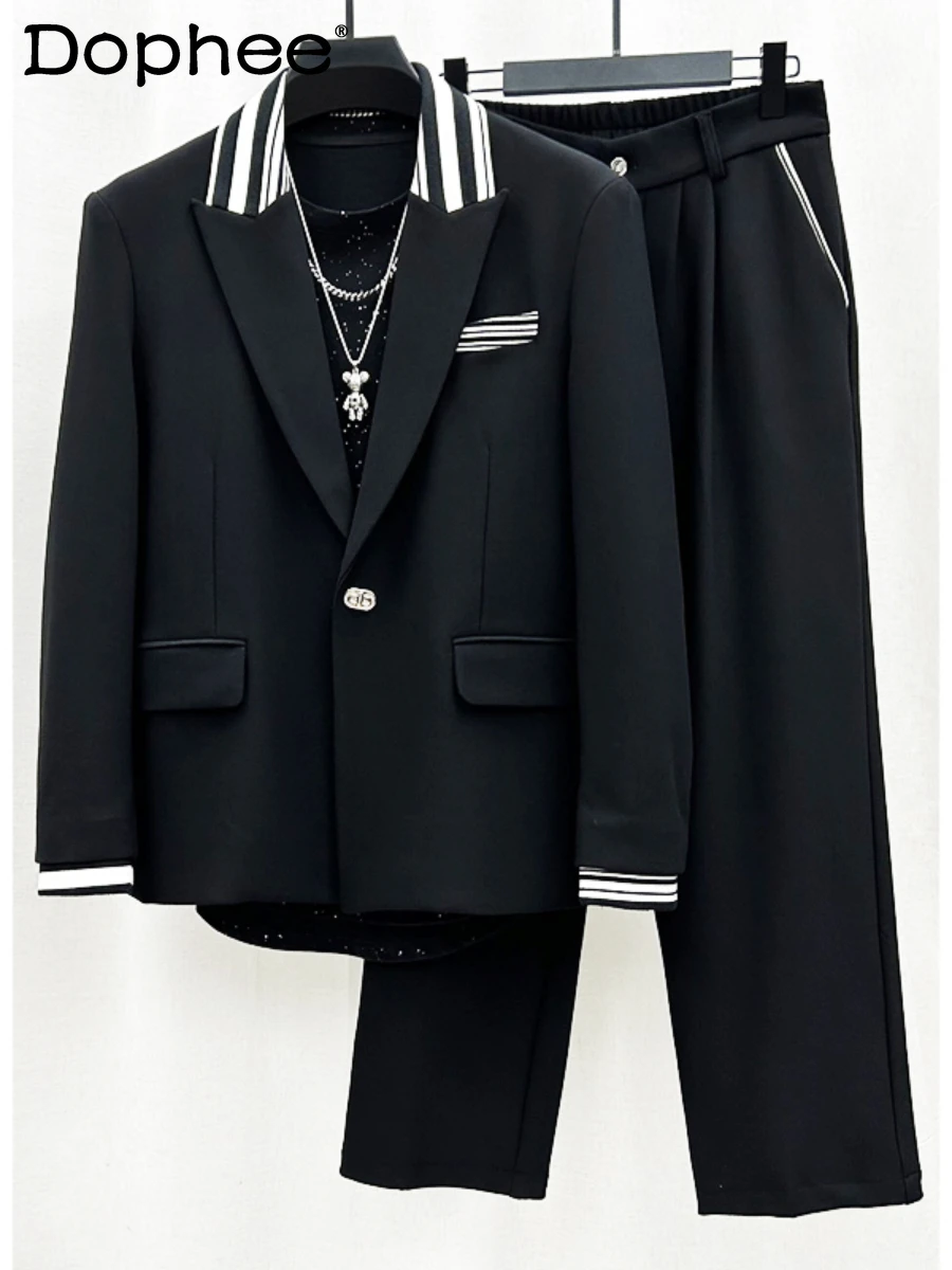 

Fashion High-End Casual Suit Men's Personality Striped Stiching Suit Long Sleeve Coat Contrast Color Trousers Two-Piece Suit