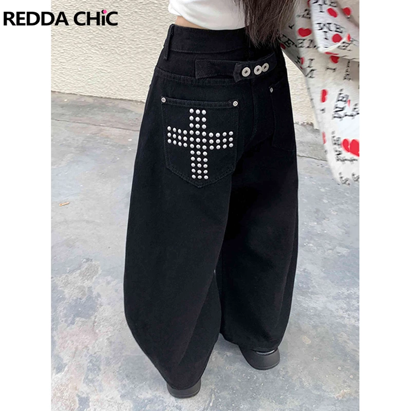 

Джинсы ReddaChic с заклепками и крестами, женские, в стиле панк, винтажные, свободные, повседневные, с низкой посадкой, с карманами, широкие штанины, готика, гранж, уличная мода