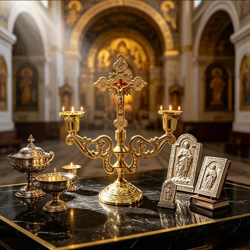 Orthodoxer Altar-Kerzenhalter aus Goldmetall, stehendes Kruzifix, Kerzenständer mit Kreuz für Kirche, Heimdekoration, religiöses christliches Geschenk – Detail 4