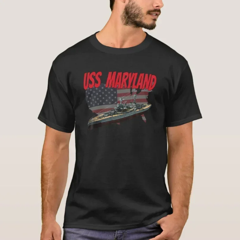 

WW2 American Warship USS Maryland BB-46 Battleship T-Shirt 100% Cotton O-Neck Summer Short Sleeve Casual Mens T-shirt Size S-3XL