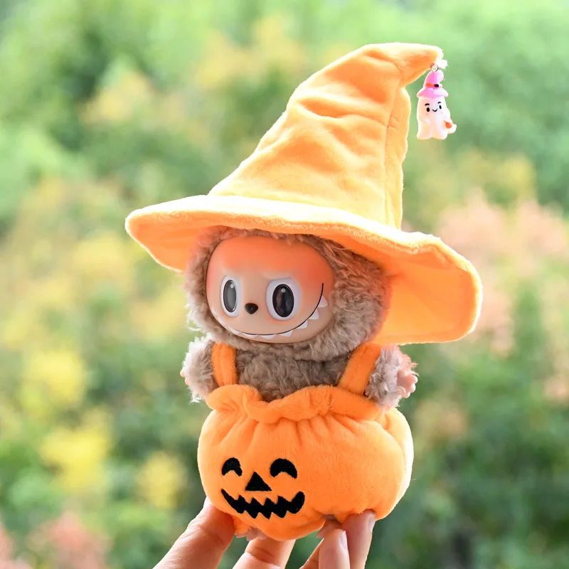 Schattige poppenaccessoires kleding onesie voor 17cm Labubu V1V2 mini poppen kleding kinderen meisje cadeau tassen voor poppen oranje pompoen set