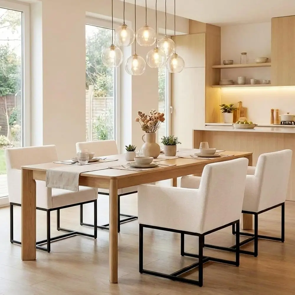 

Cream Linen-Covered Dining Chairs with Arms, Set of 4, Modern Padded Kitchen Chairs for Restaurant, Dining Room