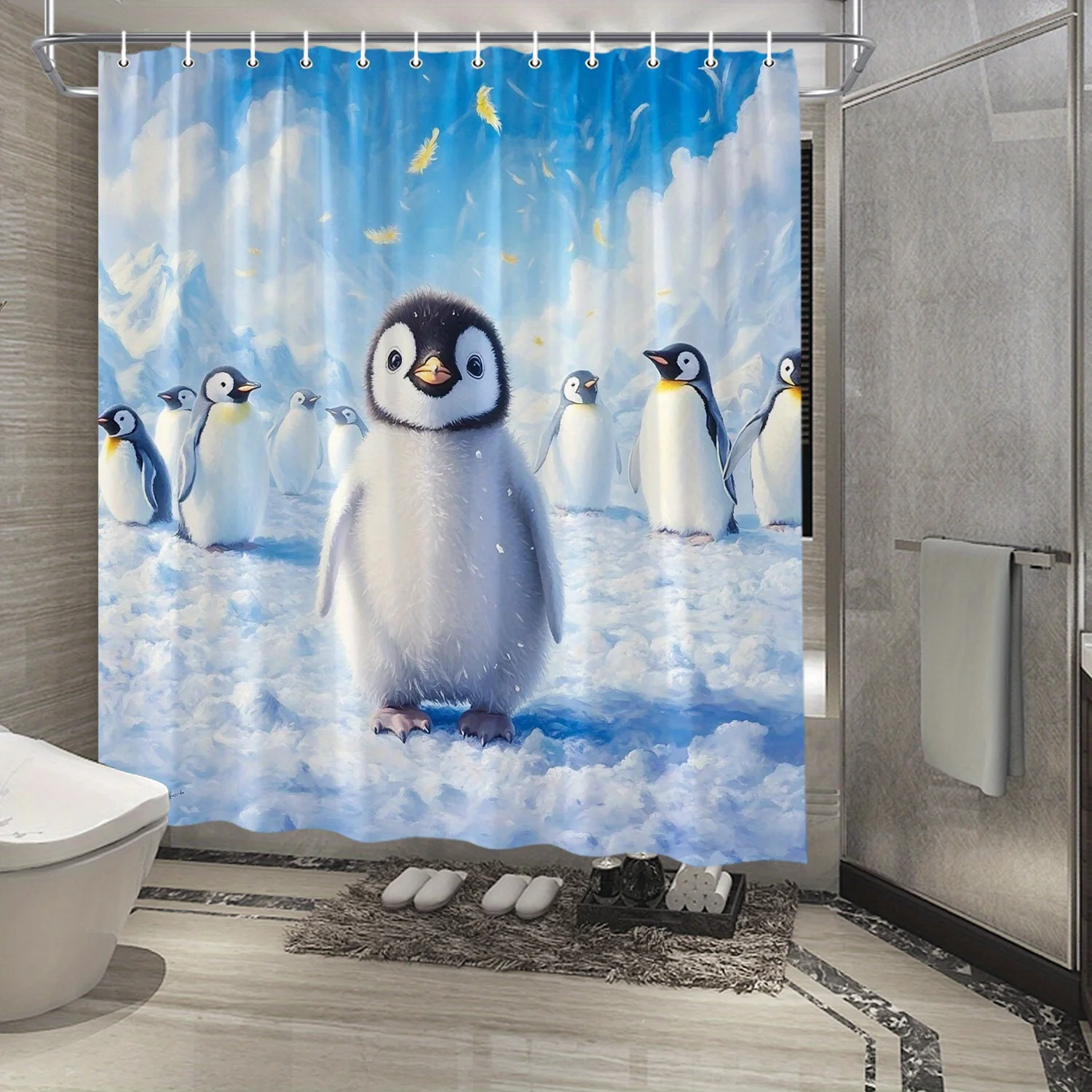 Adorable Penguin Shower Curtain - Waterproof, Mildew-Resistant with Charming Arctic Scene for Fun and Cozy Bathroom Decor