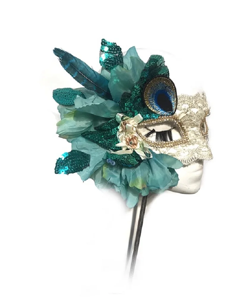 Green Gorgeous Peacock Feather Side Flower Princess Mask, Beauty Fashion Show Halloween Party Mask