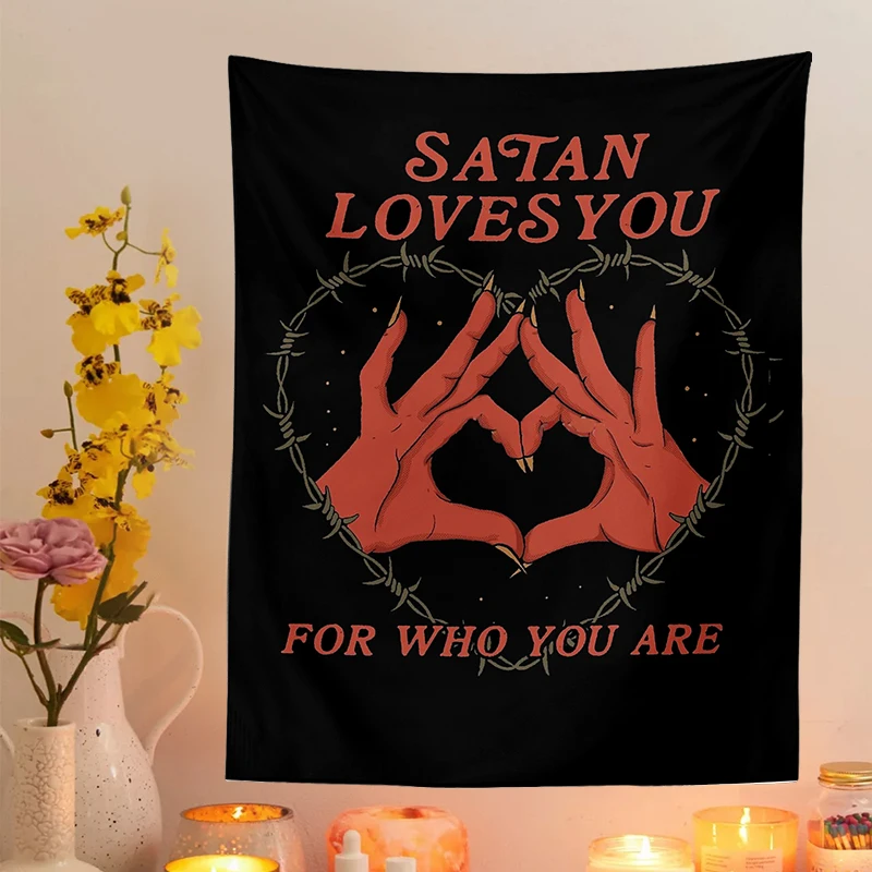 Tarot Card Tapestry Wall Hanging Satan Loves You Witchcraft Bohemian Style Tarot Decoration Hippie Mattress Dorm Room poster