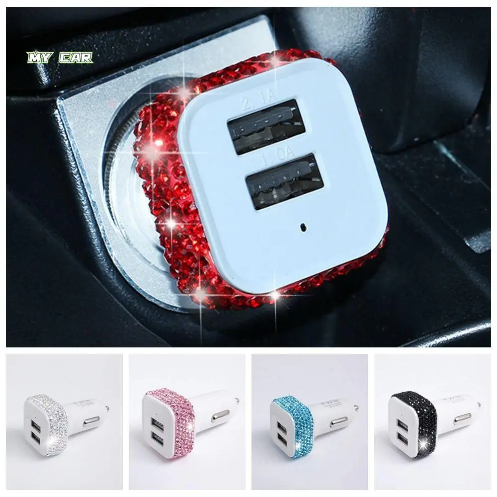 

Shining Car Decor USB Car Charger Dual USB Port Bling Mobile Phone Charger 5V 2.1A Rhinestones Fast Adapter Car Accessories
