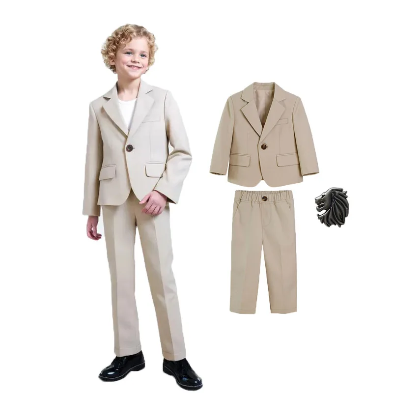 

Flower Boys Khaki 3Piece/Set Jacket Pants Tie Wedding Suit Kids Formal Piano Host Performance Suit Children Birthday Party Dress
