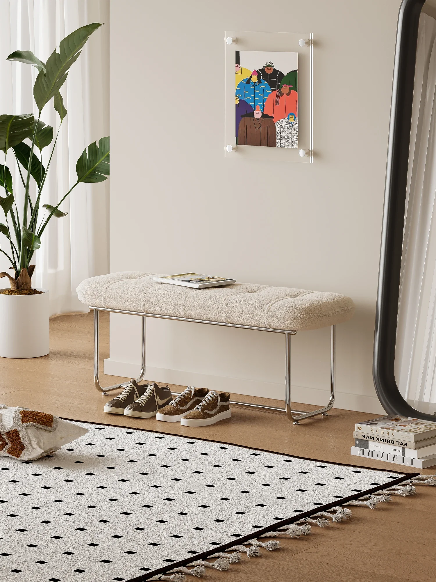 مقعد تغيير الأحذية الكريمي البسيط والحديث، شقة صغيرة، مدخل منزلي، كرسي تغيير الأحذية، مقعد الرياح