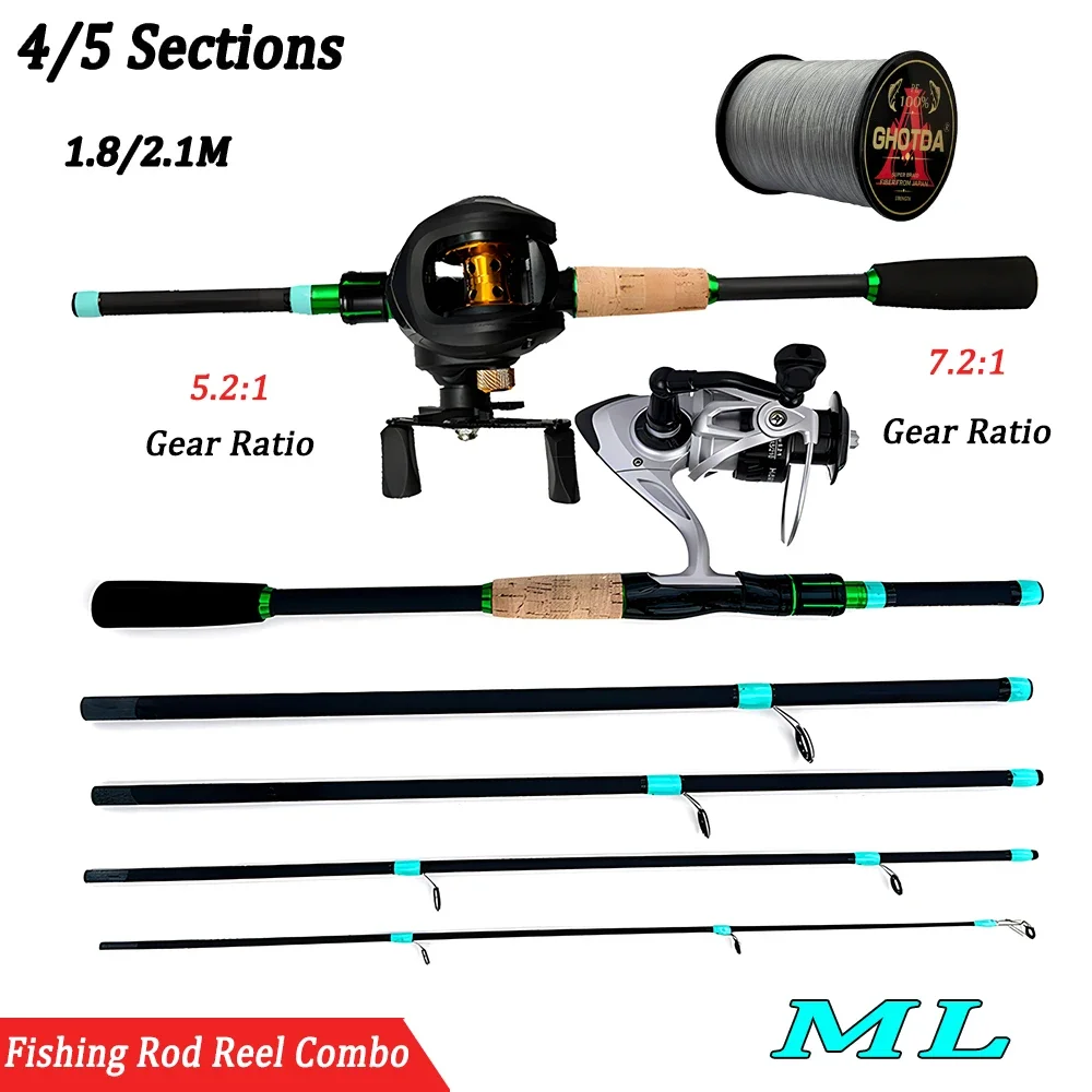 

1.8m/2.1m ML Power Carbon Fiber Baitcsting 4/5 Section Rod Left/Right Hand Casting Reel Fishing Combos Set With Line