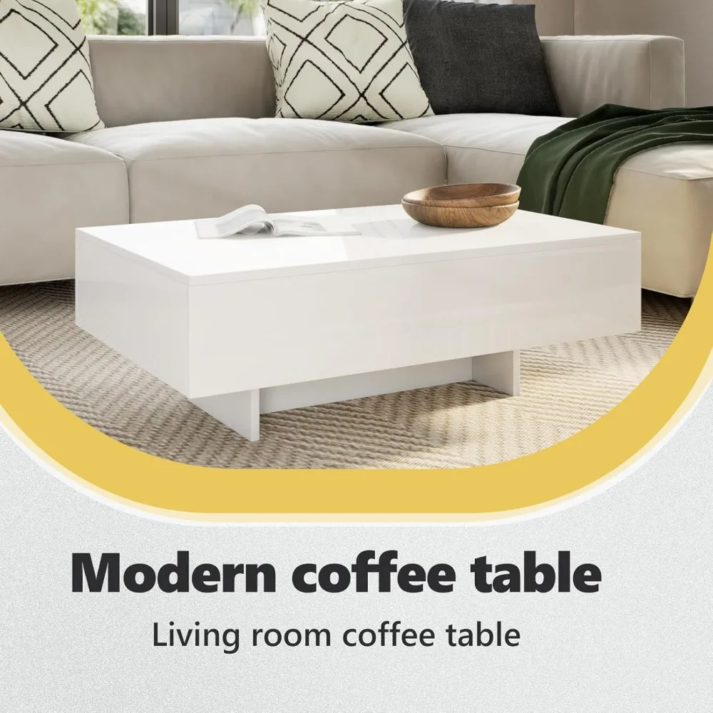 طاولة قهوة حديثة، طاولة مستطيلة لغرفة المعيشة، لمسة نهائية أنيقة شديدة اللمعان، 33.5 بوصة × 21.7 بوصة × 12.2 بوصة، أبيض #5