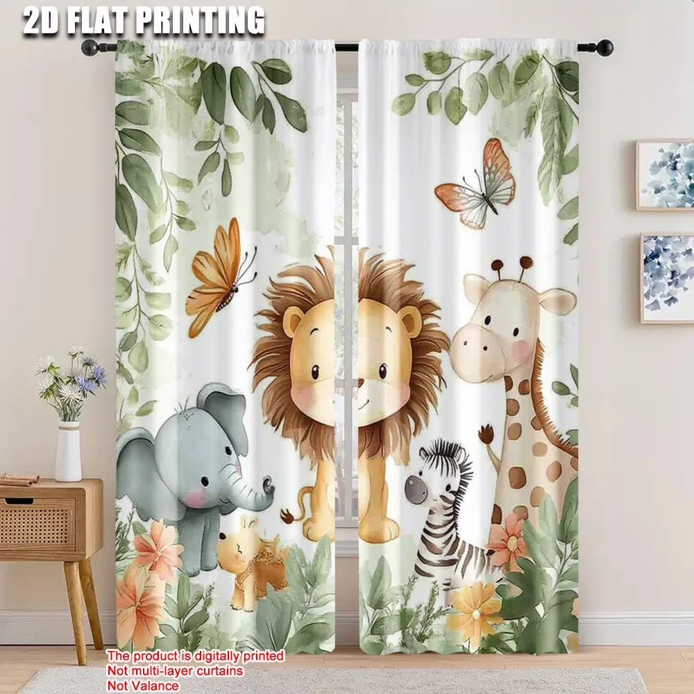 2pcs, spring summer Curtains Cute Lion Elephant Giraffe Zebra Light Filtering Sheer Curtains Versatile Fabric Room Decor Perfect