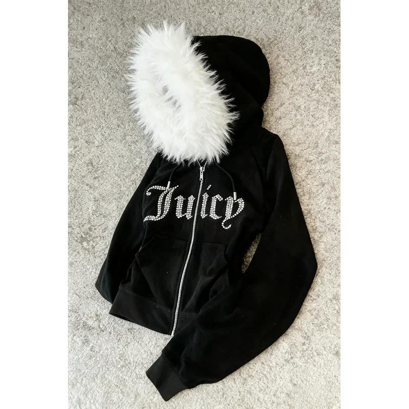Subkulturelle Pelzkragen-Strickjacke mit Reißverschluss, Retro-Sportbekleidung, Buchstabe, Heißprägung, Freizeitjacke, Pelzkragen-Sweatshirt
