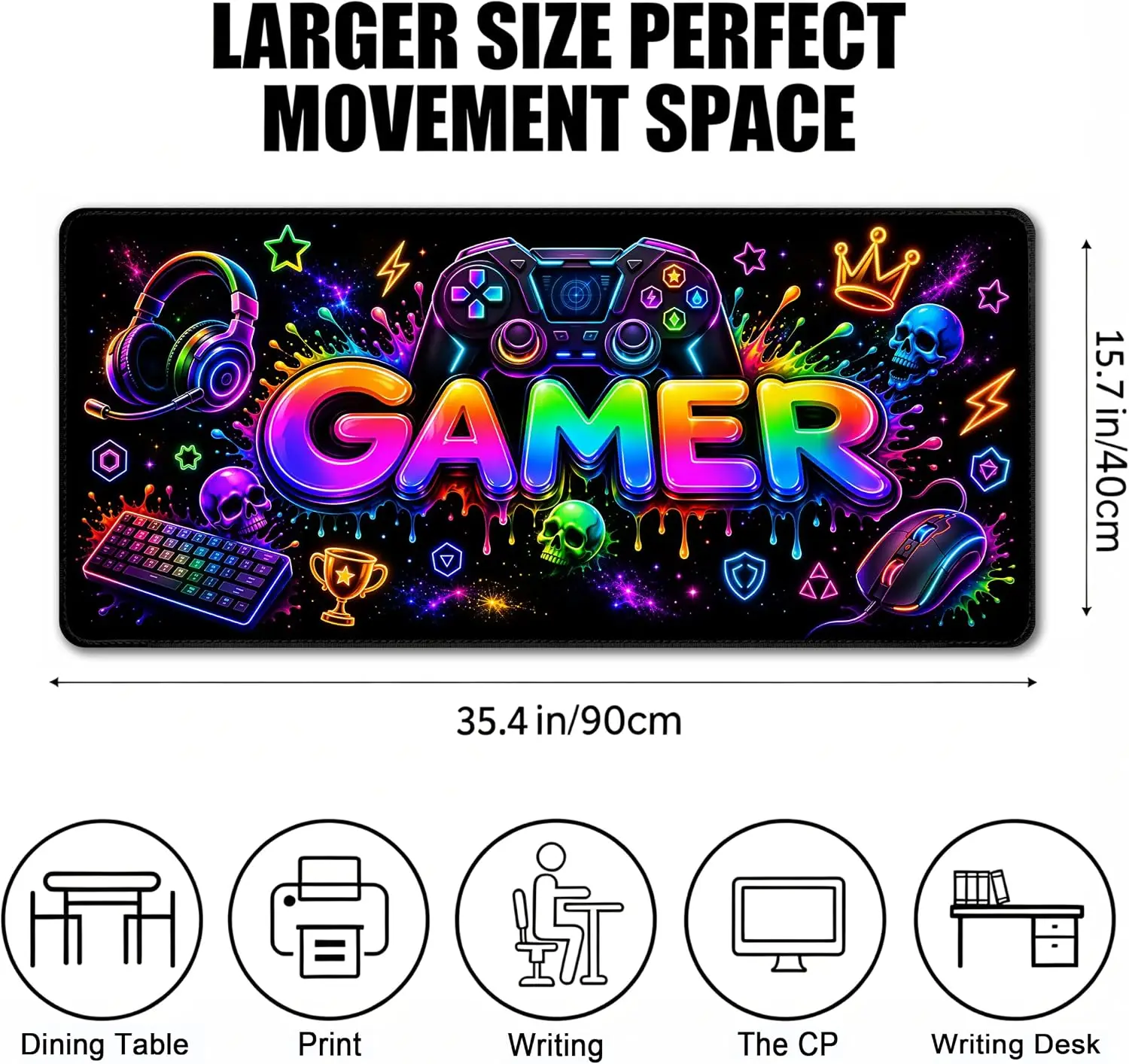 Gamer Large Gaming Mouse Pad, Neon Game Controller Headset Colorful Splash Gaming Art Pattern, Non‑Slip Mat PC Laptop Home Desk